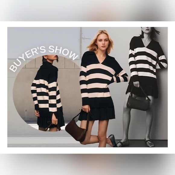 Casual Striped Long Sleeve Polo V Neck Pleated Mini Dress #1120 - Picture 9 of 13